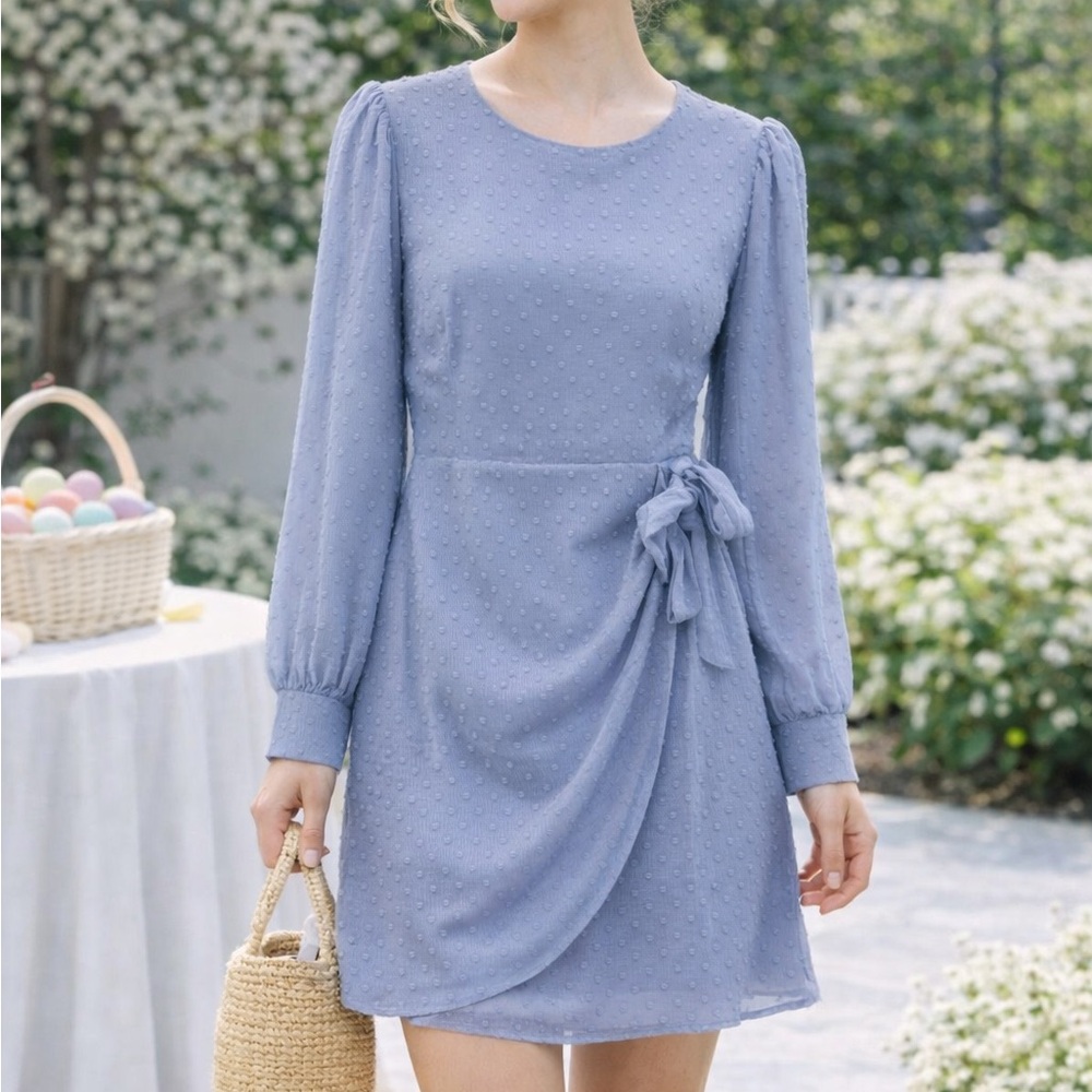 Lulus Women's Blue Embroidered Polka Dot Long Sleeve Wrap Mini Dress Small